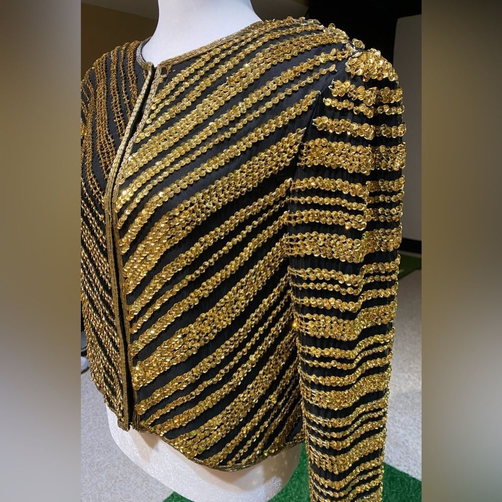 NWT Handmade Gold Sequin Jacket Size S Black silk and Gold Sequin/ beads - Picture 4 of 6